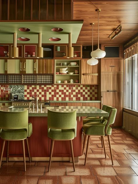 Modern Retro Studio Apartment, Crazy Kitchen Ideas, Vintage Green Decor, Vintage Italian Kitchen Aesthetic, Eclectic Home Kitchen, Warm House Interior, Modern Vintage House, Colorful Kitchen Island, Kitchen Interior Vintage