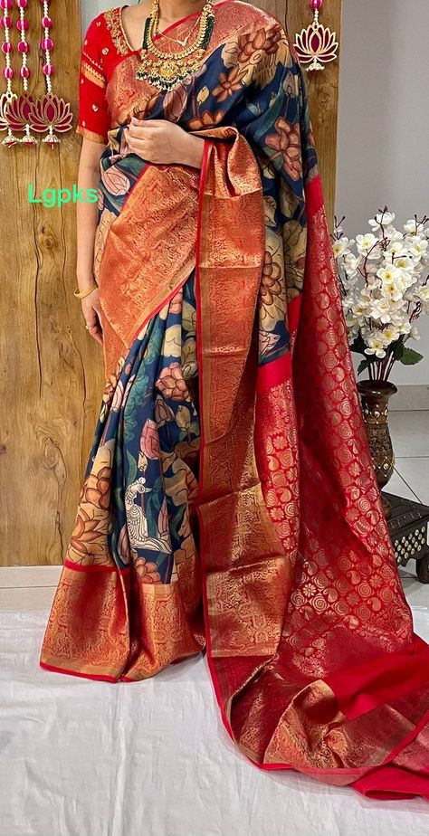 Kanchi Kalamkari Pattu Sarees, Kalamkari Pattu Sarees, Cousin Marriage, Pen Kalamkari Sarees, Bride Sarees, Saree Colours, Saree Color Combinations, Trending Sarees, Devotional Topics