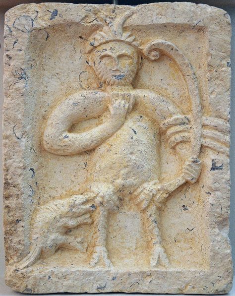 The double-horned god Silvanus  (with iconography of Pan) holds a panpipe or syrinx in his right hand and a bow in his left. Over his elbow (ancon) he has draped most certainly a shawl or cloth. A quadruped seems to bit him in his thigh. Silvanus, horned god (Pan)   [2nd-3rd century AD] - Split, Archaeological Museum - wm God Of Fertility, The Horned God, God Pan, South Europe, Sacred Masculine, Horned God, Rome Travel, Sacred Art, Ancient Art