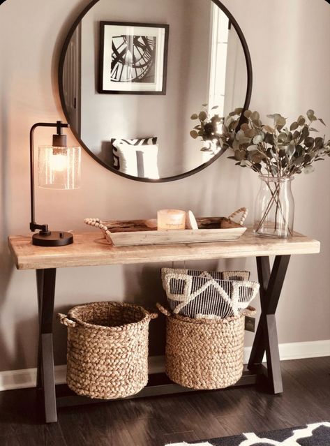 Using a mirror, entry table, and a few table top decoration pieces you can add this to your home! Entryway Table Decor, Hall Decor, Home Entrance Decor, Entrance Decor, Entry Way, Decor Home Living Room, Round Mirror, Living Room Decor Apartment, House Entrance