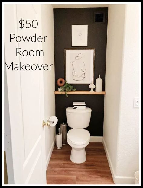 Small Half Bath Wall Art, Toilet Room Art Ideas, White Powder Room, Guest Bathroom Makeover, Powder Room Bathroom, Powder Room Paint, Tablescapes Autumn, Modern Towel Bars, Powder Room Remodel