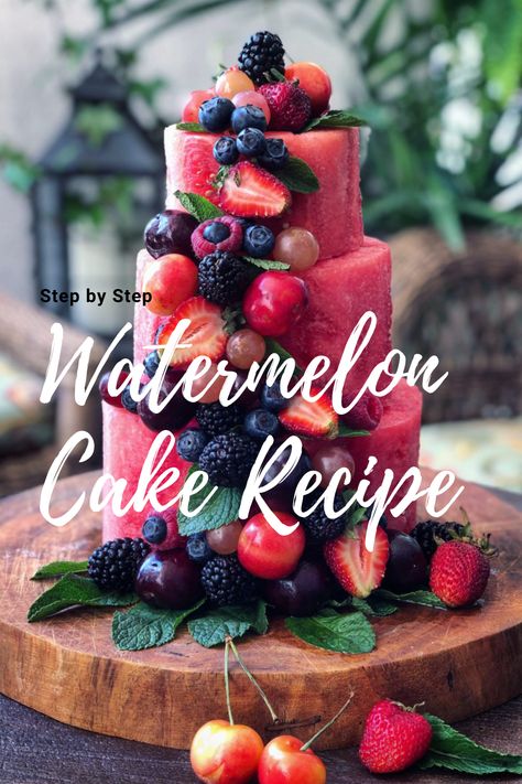 Watermelon Bday Cake, Cake Made Out Of Watermelon, All Fruit Birthday Cake, Cakes Made Of Fruit Birthday, Watermelon Layer Cake, Watermelon Cake 1st Birthday, Fruit Only Cake, Wedding Cake Made Out Of Fruit, Cake Made Of Watermelon