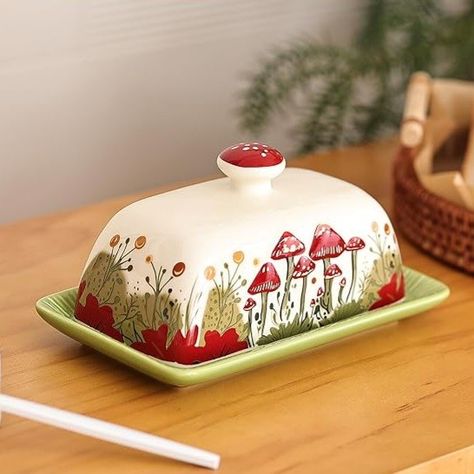 Fungi Fun Mushroom Butter Dish With Lid For Countertop Ceramic Butterdish, Red Mushroom Butter Container, Butter Tray Large Butter Dish Covered Butter Dish Ceramic, Butter Tray, Butter Container, Earthy Ceramics, Ceramic Butter Dish, Red Mushroom, Cute Kitchen, Clay Pottery, Kitchen Stuff