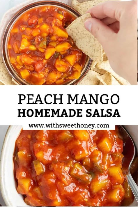 Peach Avocado Salsa Recipe, Peach And Mango Salsa, Homemade Mango Salsa, Homemade Peach Salsa, Best Mango Salsa, Canning Peaches Recipes, Cool Appetizers, Peach Mango Salsa, Peaches Recipes