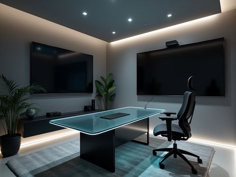 Transform your workspace with this futuristic home office design! 🖥️ A sleek glass desk and ergonomic chair blend seamlessly against dark matte gray walls. The ambient LED strip lighting sets the mood, while a large screen for virtual meetings keeps you connected. Enjoy a clutter-free environment that inspires creativity and productivity! ✨ Futuristic Home Office, Light For Office, Luxurious Penthouse, Futuristic Home, Calming Spaces, Gray Walls, Glass Desk, Stylish Interior, Ergonomic Chair