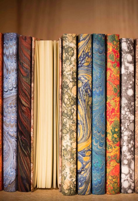 handmade books - marbled paper Notebook Making, Binding Book, Vintage Stationary, Paper Marbling, Ebru Art, Marbling Techniques, Book Printing, Book Binding Diy, Women Reading