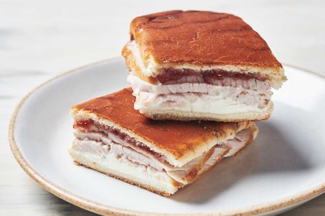 During the late 1920s or early 1930s, the Cuban socialite Elena Ruz Valdés-Fauli asked for a sandwich with turkey, strawberry preserves and cream cheese in a soft medianoche roll at El Carmelo restaurant in Havana The sandwich was an original request — it didn’t yet exist on menus in Cuba — but it eventually became something of a beloved national dish Like other popular Cuban dishes, it combines the sweet and the salty Elena Ruz Sandwich, Christmas Entrees, Cuban Sandwich Recipe, 15 Minute Dinners, Cuban Dishes, Chess Pie, Kettle Chips, Cuban Sandwich, Strawberry Preserves