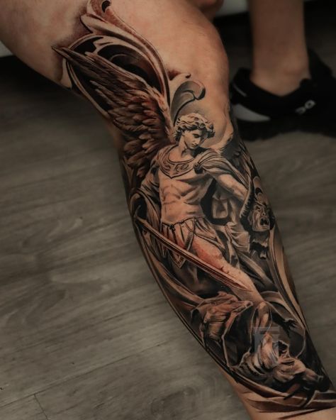 Classic St. Michael tattoo. This leg sleeve is in progress and I can’t wait to see it finished ☠️ #realistictattoo #statuetattoo #sleevetattoo #realismtattoo #explorepage Saint Michael Tattoo Full Sleeve, St Michael Tattoo Shoulder, St Michael Sleeve Tattoo, Mens Tattoo Leg Sleeve Ideas, Whole Arm Sleeve Tattoo Men, Heavy Shaded Tattoos, Men’s Tattoo Sleeve Filler, Leg Angel Tattoo, Saint Michael Tattoo Forearm