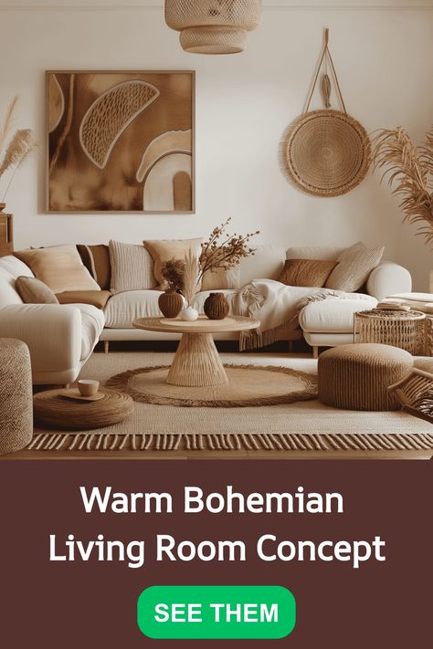 Warm, cozy living room with Bohemian decor featuring neutral tones and natural textures. Bohemian Living Spaces, Boho Color Scheme, Bohemian Living Room Ideas, Bohemian Living Room Decor, Room Concept, Bohemian Living Rooms, Textured Throw Pillows, Unique Furniture Pieces, Wallpaper Walls Decor