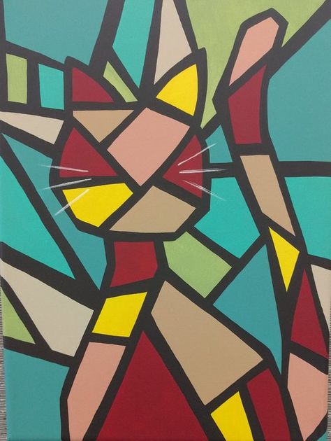 Abstract Cubism Art, Simple Cubism Art, Cats Abstract Art, Cubism Art Ideas Inspiration, Cubism Art Ideas, Geometric Cat Art, Geometric Cat Drawing, Abstract Art Animals, Abstract Cat Painting