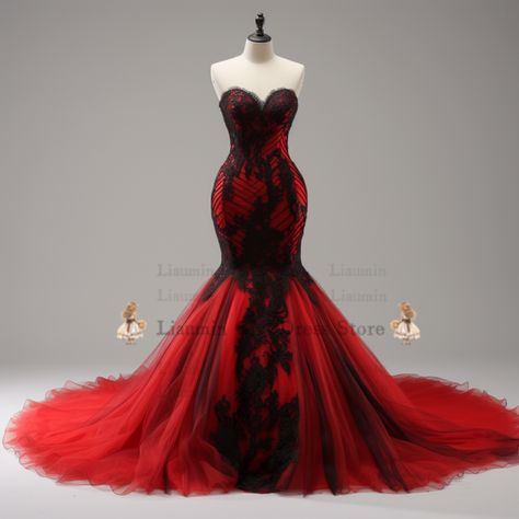 Black White And Red Wedding Dress, Red Rose Wedding Dress, Red And Black Wedding Dress, Red Wedding Dress Mermaid, Strapless Mermaid Wedding Dress, Rose Wedding Dress, Black Red Wedding, Strapless Wedding Dress Mermaid, Red Wedding Dress