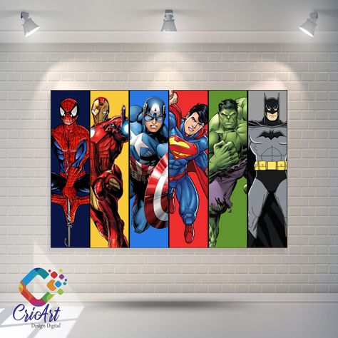 Super Hero Poster Design, Superhero Canvas Art, Batman Pop Art, Spiderman Bedroom, Theme Bapteme, Marvel Room, Superhero Bedroom, Themed Kids Room, Super Hero Theme