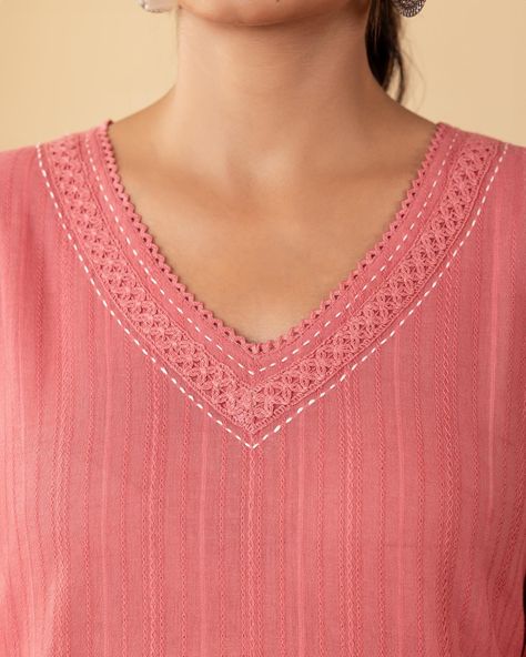 ~BASICS~ Everyday Essentials - New Arrivals! The wide V-neckline edged with lace draws attention to this modern kurta. The dobby weave adds visual interest and lace detailing at the sleeves creates a timeless elegance. [ Cottons Jaipur, Cotton, Basics, Everyday, Essentials, New Arrivlas] #cottons #cottonsjaipur #newarrivals #basics #everday #essentials #dailyfits #confort #cottonkurtas #breathablefabric #handcrated #solidkurtas #solid #monochrome #cottonsuits #daywear #shoponline #shopnow V Neck Lace Kurti, Designer Semi-stitched V-neck Kurta, Eid V-neck Kurta With Intricate Embroidery, Lace Detailing Kurta, Semi-stitched V-neck Kurta, Flat Lay Photography Fashion, Lace Drawing, Plain Maxi Dress, Salwar Designs