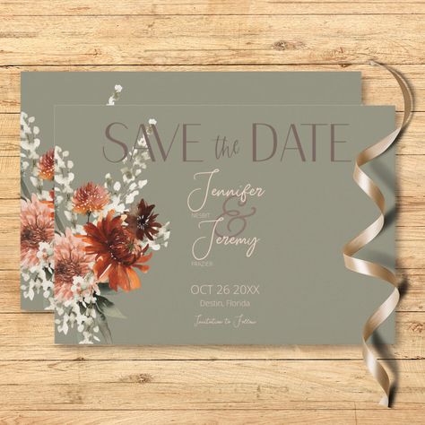 Boho Rust & Neutral Fall Floral Sage Green Wedding Save The Date - rustic save the date invitations terracotta Green Wedding Save The Date, Rusting Wedding, Burnt Orange Weddings, Rustic Save The Dates, Sage Green Wedding, Green Wedding Invitations, Cream Wedding, Peach Blush, Orange Wedding