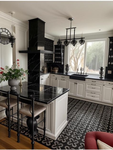 White Grey Black Kitchen Ideas, Black And White Glam Kitchen, Medium Sized Kitchen Ideas, White Glam Kitchen, Medium Sized Kitchen, Gothic Kitchen Ideas, Kitchen Black And White, Goth Kitchen, Gothic Kitchen