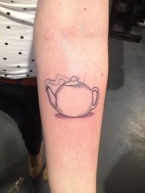 Teapot tattoo with stippling. <3 Tea Kettle Tattoo, Kettle Tattoo, Teapot Tattoo, Tea Tattoo, Stick And Poke Tattoos, Teacup Tattoo, Stick N Poke Tattoo, Chest Tattoos, Poke Tattoo