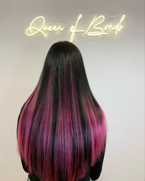 Black Hair Pink Extensions, Colored Tape In Extensions, Pink Extensions Hair, Pink And Black Hair Ideas, Pink Highlights In Black Hair, Pink Hair Transformation, Draculaura Hair, Black And Pink Hair, Ombre Hair Color For Brunettes