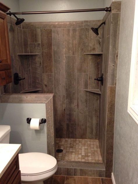 Rustic walk in shower Remolded Bathrooms On A Budget, Walk In Shower With Half Wall And Bench, Small Bathroom Remodel Rustic, Unique Shower Ideas, Tiled Bathrooms Ideas, Small Rustic Bathrooms, Wood Tile Shower, Makeover Kamar Mandi, Beautiful Small Bathrooms