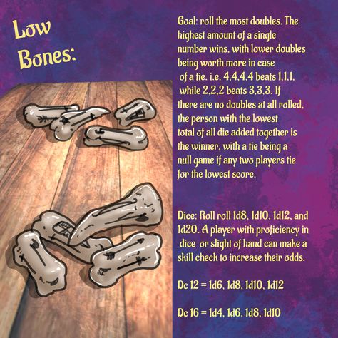 Dice game I made for my homebrew setting. I like games that players can actually play rather than just ... make a skill check to see if you win or lose. in this case proficiency, or cheating can increase the players odds with a skill check. #ttrpg #dnd #game #minigame #dice #bones #dndcahracter art #dungeonmaster #DM #GM #gameaid #handout Dnd Game Mechanics, Dnd Gambling Game, Dnd Gambling, Dnd Handouts, Dnd Skills, Dnd Tables, Dnd Assets, Dnd Resources, Dnd Homebrew