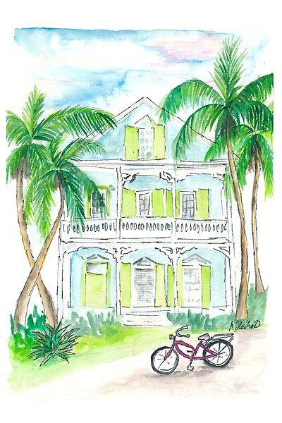 Watercolor Homes, Conch House, Key West House, House Canvas, Key West Fl, Hanging Fabric, City Painting, Key West Florida, Custom Watercolor