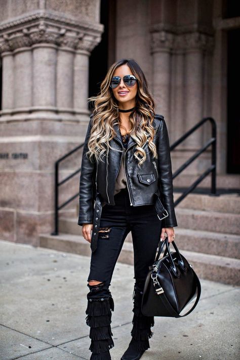 fashion blogger Mia Mia Mine wearing minnetonka moccasin fringe boots and a leather jacket Moccasin Boots Outfit, Minnetonka Moccasins Outfit, Fringe Boots Outfit, Texas Outfits, Moccasins Outfit, Black Fringe Boots, Fall Boots Outfit, Burna Boy, Givenchy Antigona