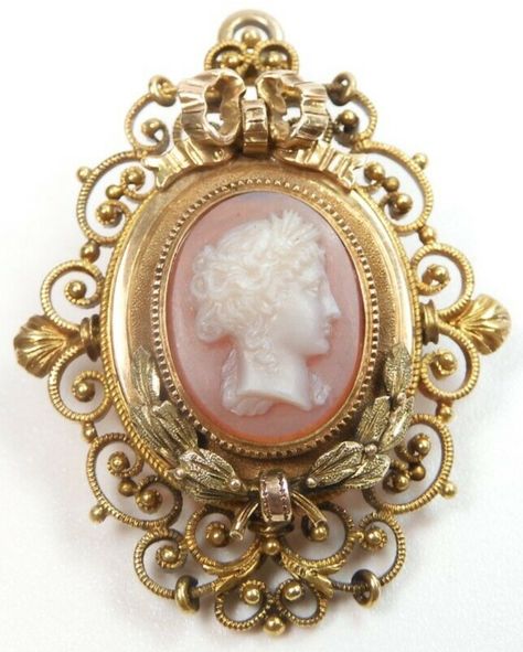 VICTORIAN EDWARDIAN CARNELIAN CAMEO PIN PENDANT {International Buyers Are Responsible For Customs & Duty Fees} Circa ~ 1900'S Natural Carnelian Stone Measurements of Cameo ~ 15.29 MM - 0.602 Inches x 11.86 MM - 0.467 Inches ~ Overall Measurements ~ (With Bail) ~ 41.51 MM - 1.634 Inches x 31.77 MM - 1.251 Inches x 10.15 MM - 0.3995 Inches Overall Measurements (Without Bail) ~ 39.15 MM - 1.5415 Inches x 31.77 MM - 1.251 Inches x 10.15 MM - 0.3995 Inches Metal ~ 14K Rose + Green Solid Gold Weight ~ 12.4 Grams Authentic Victorian Period (Not Victorian Style Or Inspired) Intricate Handmade Filigree Workmanship By A Master Jeweler Extraordinary Hand Carving (Museum Quality) High Relief Remarkable + Ravishing Excellent Condition (Like New) Embellished With Mille-Grain Detail Can Be Worn As A Broo Shabby Chick, Rose Green, Cameo Jewelry, Carnelian Stone, Victorian Gold, Pin Pendant, Antique Rings, Green Gold, Victorian Fashion