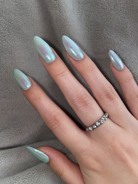 mint shifting pink nails chrome powder glitter summer nail design Glitter And Chrome Nail Art, Chrome Mint Nails, Chrome Nails Glitter, Blue Mirror Nails, Nails Chrome Powder, Mint Blue Nails Acrylic, Powdered Nails, Mint Chrome Nails, Pink Nails With Chrome Powder