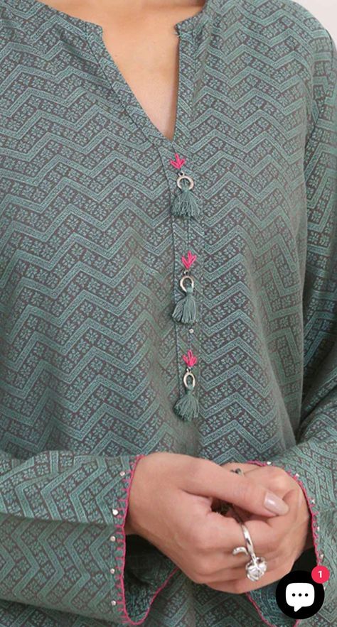 Buttons For Kurtis, Neck Design With Buttons, Pant Kurti, Krishna Mandir, Flat Lay Photography Fashion, Salwar Suit Neck Designs, Hand Touching, Suit Neck Designs, Designer Kurti Patterns