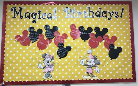 Disney Birthday Wall Ideas For Classroom, Disney Birthday Bulletin Board Ideas, Preschool Birthday Board, Disney Bulletin Boards, Preschool Birthday, Happy Birthday Disney, Birthday Board Classroom, Holiday Bulletin Boards, Class Board