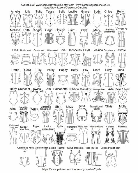 76 PATTERN TO DEC 22 Corset Types Chart, Corset Measurements Chart, Fashion Design Guide, Corset Types Names, Types Of Corsets Names, Different Corset Shapes, Corset Pattern Making, Types Of Corsets Style, Learn Fashion Design