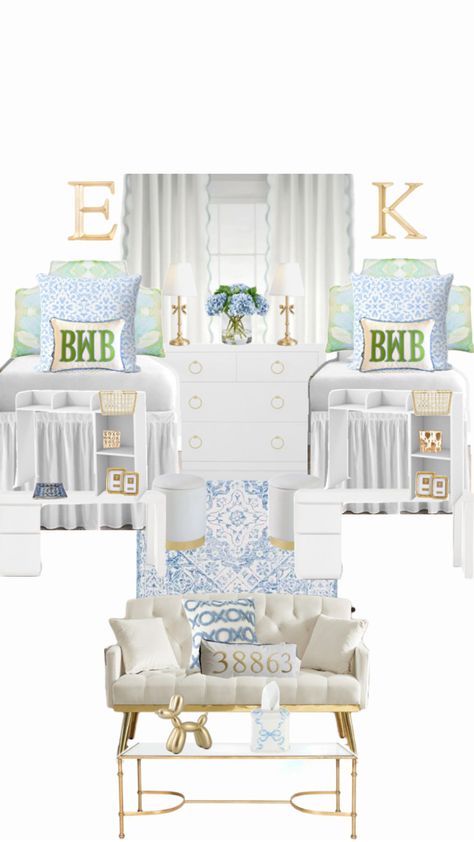 Blue And White Themed Dorm Room, Dorm Room Ole Miss, Blue White And Gold Dorm Room, Tulane Dorm, Dorm Room Decor Blue, Ole Miss Dorm Room, Bama Dorm, Lsu Dorm, Sorority House Rooms