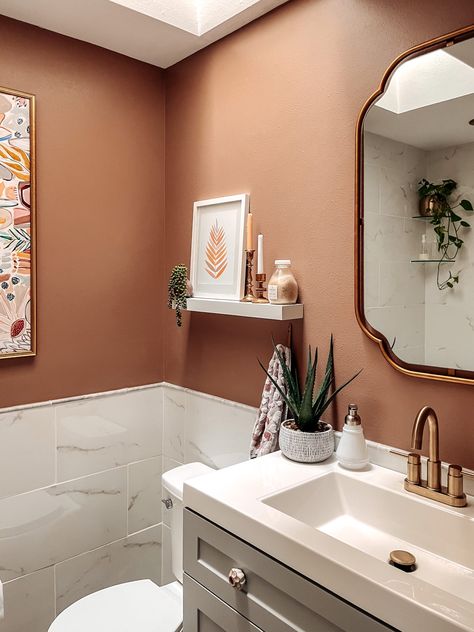 Modern Mocha Behr Paint Bathroom, Clay Color Bathroom Ideas, Rust And White Bathroom, Terracotta Panelling Bathroom, Blush And Brown Bathroom, Perfect Penny Behr Paint, Brown Walls Bathroom Ideas, Spa Half Bath, Terra Cotta Color Bathroom Ideas