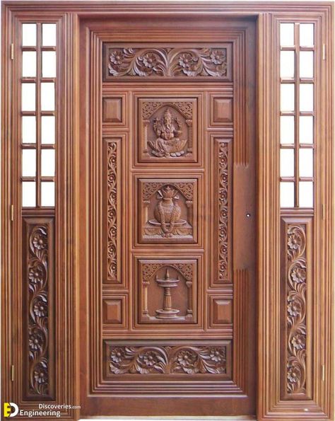 Top 40 Amazing Wooden Main Door Design Ideas | Engineering Discoveries Indian Main Door Designs, Tor Design, House Front Wall Design, Pintu Interior, Pooja Door Design, Wooden Door Entrance, Traditional Front Doors, House Front Door Design, Modern Wooden Doors