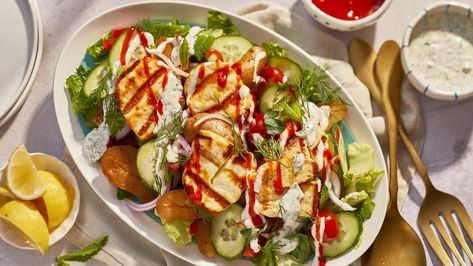 Grilled halloumi and potato salad On The Grill Recipes, Mary Makes It Easy, Grilled Potato Salad, Mary Berg, Halloumi Salad, Blue Cheese Sauce, Mini Potatoes, Grilled Halloumi, Red Onion Salad