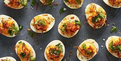 These 13 Egg Flight Recipes Convinced Me To Hop On The Viral TikTok Trend Baby Shower Appetizers, Shower Appetizers, Make Ahead Appetizers, Gluten Free Egg Free, Fried Shallots, Deviled Eggs Recipe, Fried Onions, Food Trends, Deviled Eggs