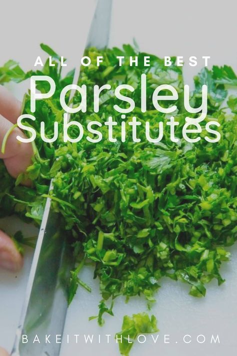 Fresh parlsey being chopped on white cutting board with vignette and text overlay for substitutes. Preserving Fresh Parsley, How To Dry Fresh Parsley, Freeze Parsley, How To Save Fresh Parsley, Can You Freeze Fresh Parsley, Dried Parsley, Carrot Greens, Cold Dishes, Fresh Oregano