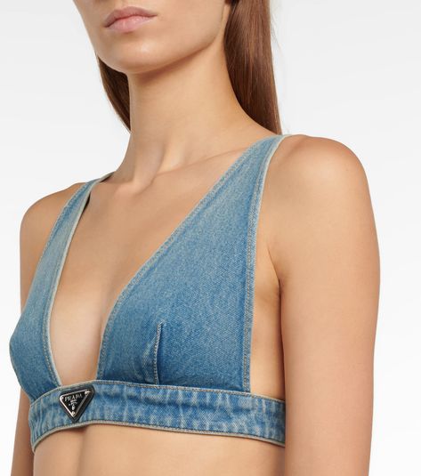 Prada - Logo denim bralette | Mytheresa Prada Denim Top, Denim Bra Top, Random Diys, Denim Bralette, Denim Bra, Red Photoshoot, Diy Bralette, Prada Denim, November Fashion