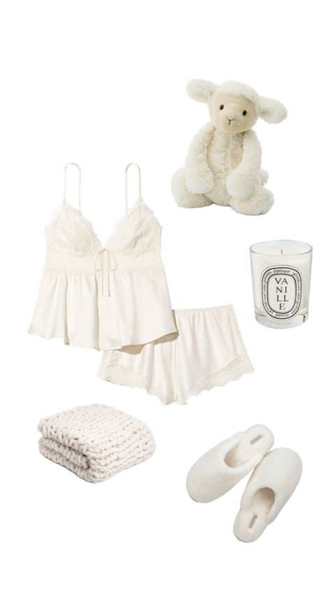 #coquette #inspo #pyjamas #pinterest #pink #white #beige #jellycat #fashion White Clean Girl Aesthetic, Cute Pijamas, Night Wear Pajamas, Elegant Loungewear, Pajamas Aesthetic, Pajama Outfit, Vintage Pajamas, Cute Pjs, Clean Girl Aesthetic