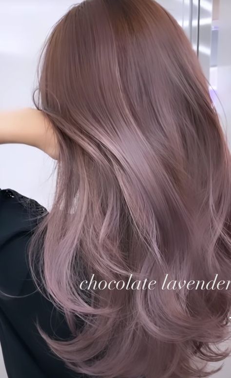 Asian Purple Hair Balayage, Muted Hair Color For Brunettes, Lavender Beige Hair Color, Brown To Lavender Ombre, Dusty Purple Hair Color, Purple Ash Brown Hair, Milk Tea Purple Hair, Lilac Hair Color Lavender, Korean Hair Color Cool Tone