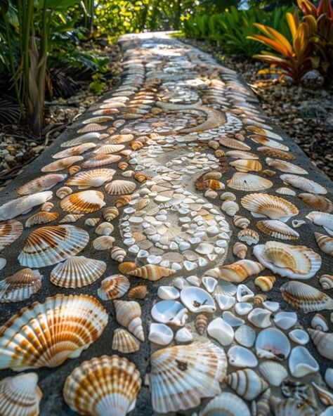 Shells In Garden Ideas, Garden Spade, Mosaic Walkway, Decorative Gravel, Wooden Garden Furniture, Old Glass Bottles, Natural Flooring, Soil Layers, Coastal Colors