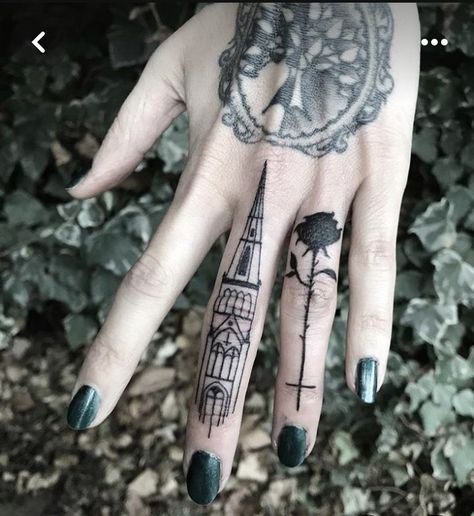 Castle Finger Tattoo, Cathedral Finger Tattoo, Gothic Finger Tattoos For Women, Spooky Finger Tattoos, Gothic Finger Tattoos, Goth Finger Tattoos, Goth Hand Tattoos, Witchy Hand Tattoos, Gothic Hand Tattoo