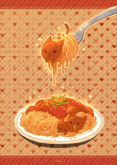 Chibi Food, Cute Cat Drawing, Art Kawaii, Cute Food Drawings, Cute Food Art, Cute Kawaii Drawings, Spaghetti And Meatballs, Kawaii Food, Dessin Adorable