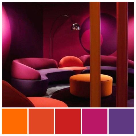 Colours To Pair With Purple, Orange Pink Purple Color Schemes, Tertiary Colors Interior Design, Purple And Orange Interior Design, Purple And Red Living Room, Purple And Orange Interior, Orange And Purple Home Decor, Tertiary Color Palette, Red And Orange Color Scheme