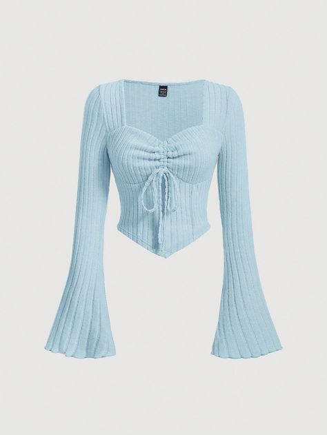 Blue Casual Collar Long Sleeve Knitted Fabric Plain  Embellished Medium Stretch  Women Clothing Cute Full Sleeve Tops, Cute Tops Long Sleeve, Ribbed Shirt Outfit, Beautiful Top Designs, Cute Top Outfits, Blue Casual Outfits, Blue Outfit For Women, Soft Blue Outfit, Shein Tops Shirts