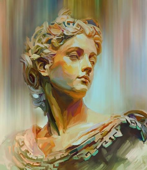 Painting Of Sculpture, Statue Painting Acrylic, Greek Statue Painting, Statue Photography, Statue Painting, Paintings Of People, Greek Paintings, People Painting, Rennaissance Art