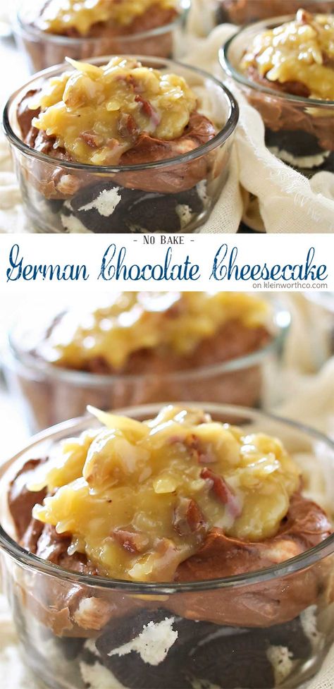 Jar Cheesecake, German Chocolate Frosting, German Chocolate Cheesecake, Recipes Cheesecake, No Bake Chocolate Cheesecake, German Foods, German Desserts, Cookie Base, Chocolate Cheesecake Recipes