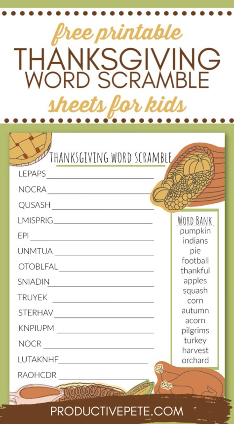 Thanksgiving Word Scramble, Word Scramble For Kids, Thanksgiving Activity For Kids, Thanksgiving Activity Sheets, Fun Thanksgiving Games, Classroom At Home, Free Printable Thanksgiving, Thanksgiving Kids Table, Thanksgiving Games For Kids