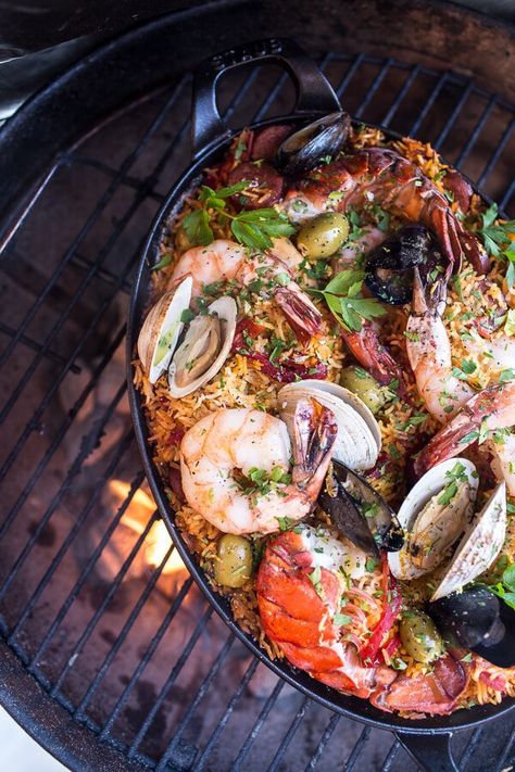 Skillet Grilled Seafood and Chorizo Paella | HBH Paella Recipe, Seafood Paella, Grilled Seafood, Grill Recipes, Idee Pasto Sano, Biryani, Seafood Dishes, Grilling Recipes, Fish Recipes