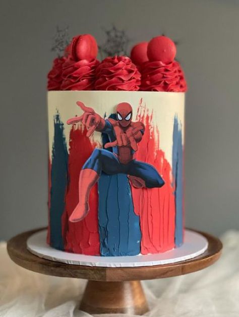 Modern Spiderman Cake, Spider Man Drip Cake, Spider Man Themed Cake, Buttercream Spiderman Cake, Spider Man 3rd Birthday Cake, Spiderman Birthday Cake Buttercream, Spiderman Cakes For Boys, Cake For Boys Birthday Kids, Bday Cake For Boys