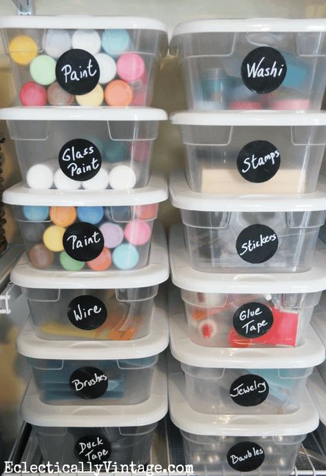 17 Dollar Store Organizing Ideas You Need To Try - One Good Thing by JilleePinterestFacebookPinterestFacebookPrintFriendly Craft Storage Closet, Craft Closet Organization, Supply Organization, Toddler Organization, Art Supplies Storage, Organize Craft Supplies, Chalkboard Labels, Organisation Hacks, Dollar Store Organizing